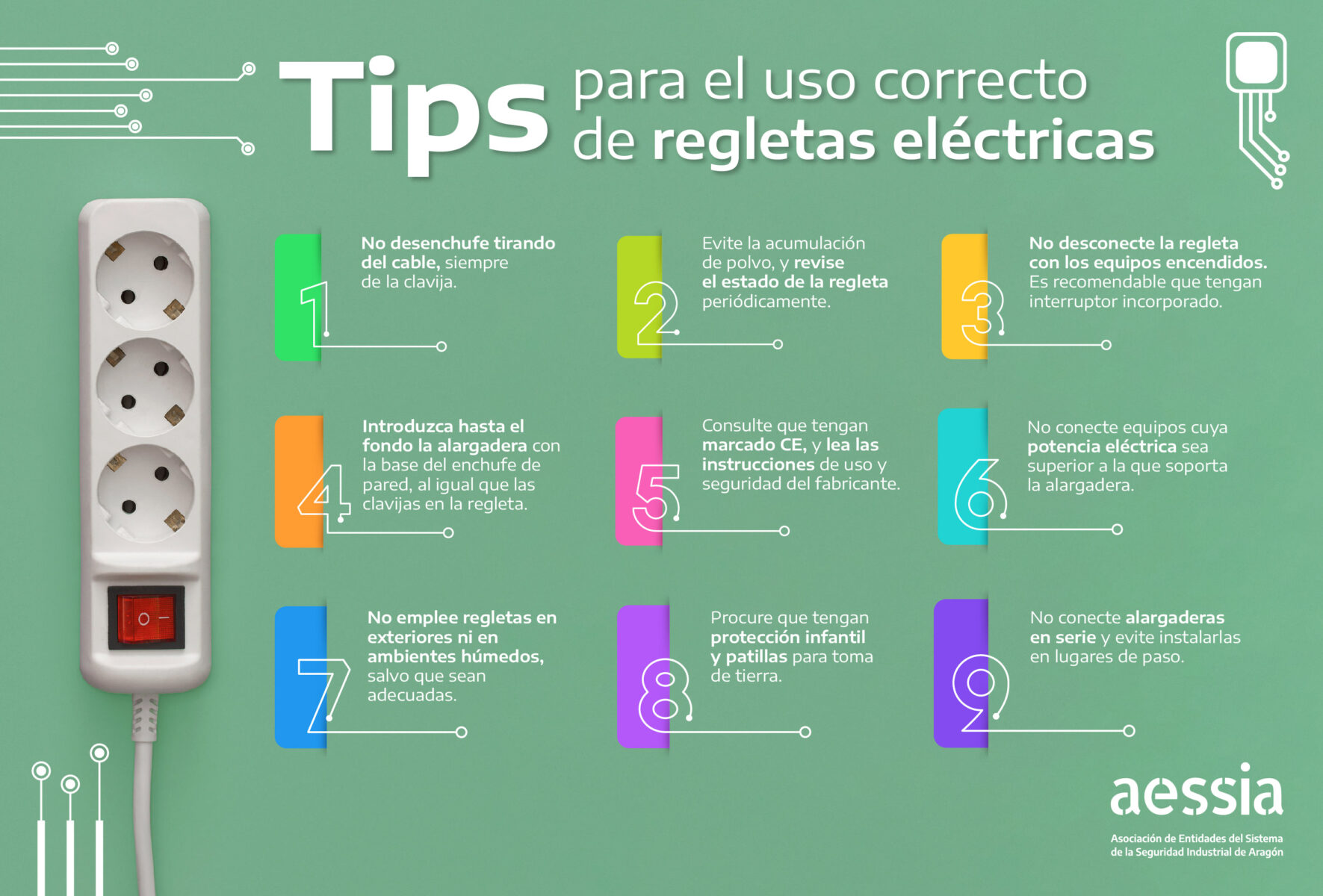 AESSIA aconseja como usar correctamente las regletas eléctricas AESSIA. Asociación de Entidades del Sistema de la Seguridad Industrial de Aragón